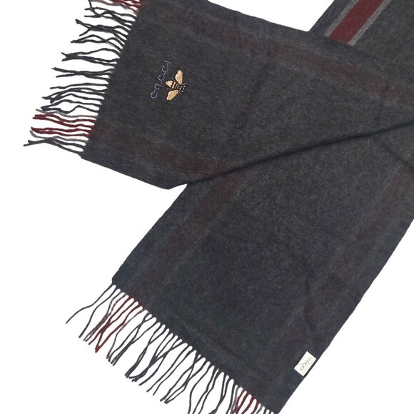 Gucci Vintage Gray & Burgundy Stripe Scarf w Embroidered Bee Logo - Picture 8 of 11